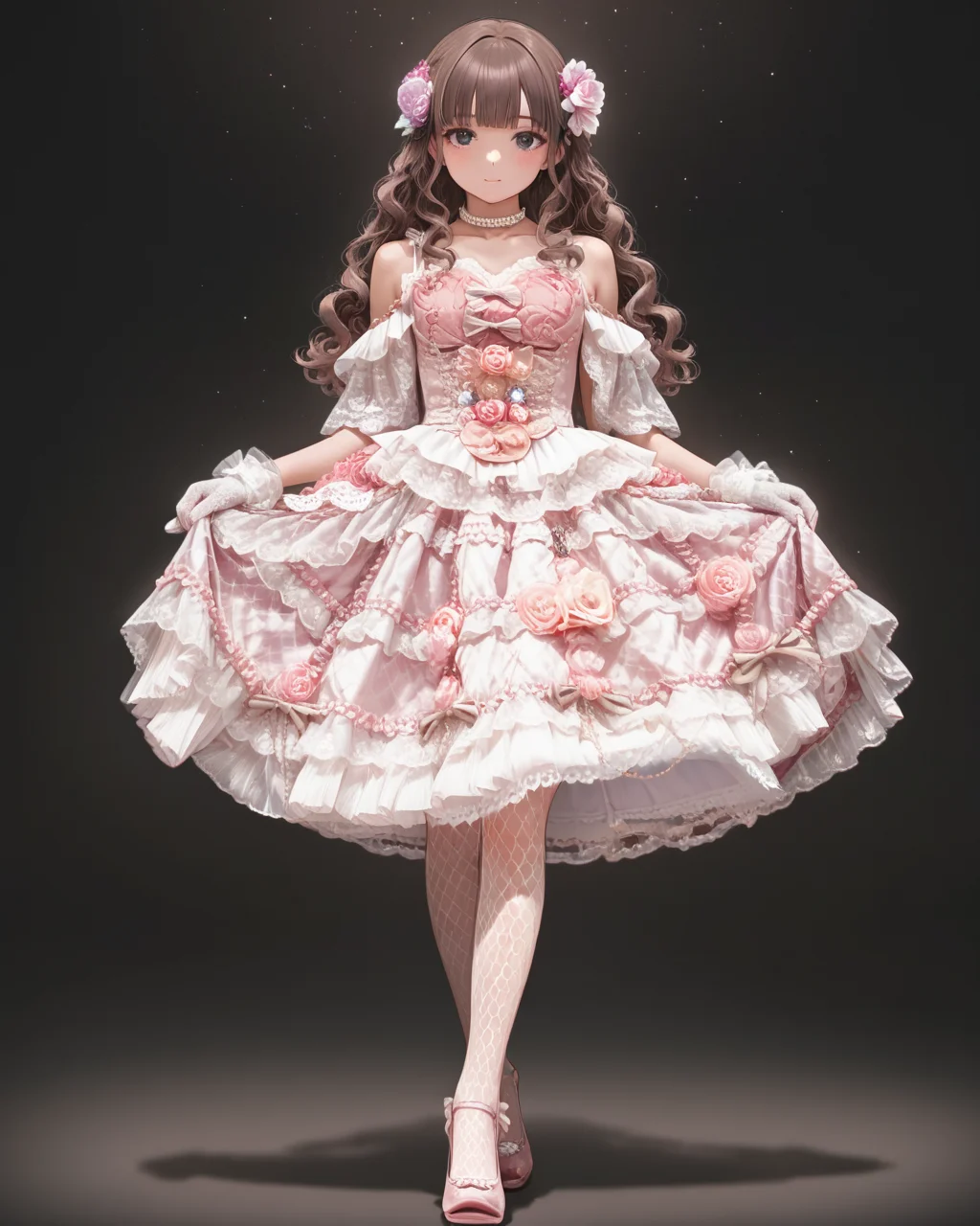 Positive: Masterpiece, best quality, amazing quality, very aesthetic, high resolution, ultra-detailed, absurdres,
1girl, solo,
ev4r15,
brown hair, long hair, curly hair, wavy hair, blunt bangs, black eyes, bare hair,
pink lace tiered dress,
tiered,lace,frills,bare shoulders,pink flower,frilled dress,bow,jewelry,
lace gloves,white gloves,
choker,pearl necklace,
hair flower,hair ornament,
pink high heels,fishnet_pantyhose,
black_background, star_\(sky\), standing, full_body,