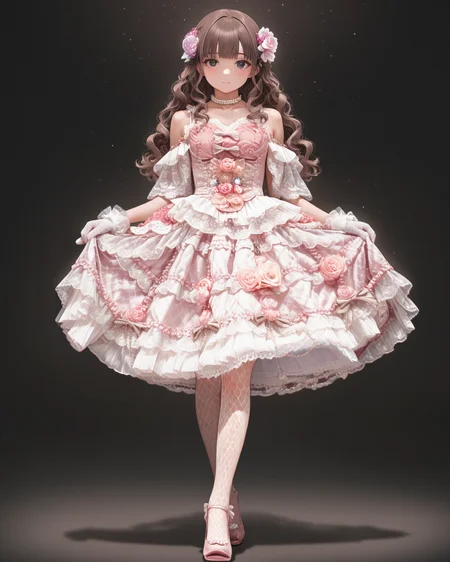 Positive: Masterpiece, best quality, amazing quality, very aesthetic, high resolution, ultra-detailed, absurdres,
1girl, solo,
ev4r15,
brown hair, long hair, curly hair, wavy hair, blunt bangs, black eyes, bare hair,
pink lace tiered dress,
tiered,lace,frills,bare shoulders,pink flower,frilled dress,bow,jewelry,
lace gloves,white gloves,
choker,pearl necklace,
hair flower,hair ornament,
pink high heels,fishnet_pantyhose,
black_background, star_\(sky\), standing, full_body,