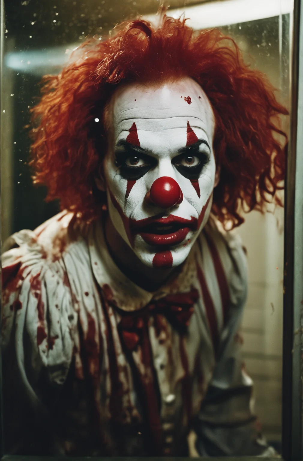 A cinematic photo of a 25 year old half american half scottish killer clown, big forehead, red clown wig, running into a glass mirror breaking his face into glass pieces, Blood glass shattering, he is in a dimly lit beat down grim public restroom, bloody red sparkly glitter clown costume, Blood on walls, broken lights, horror, vhs, film grain, Zombie in background, Scared look, brown lighting, grey lighting, ultra detailed, Atmospheric, Dramatic, Masterpiece,
