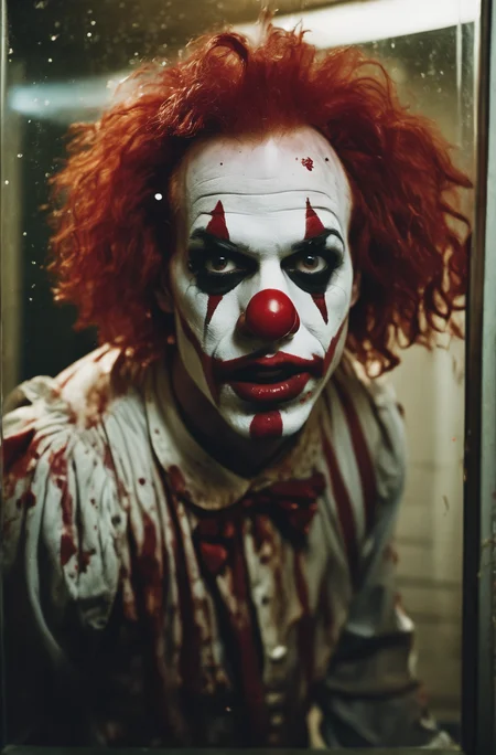 A cinematic photo of a 25 year old half american half scottish killer clown, big forehead, red clown wig, running into a glass mirror breaking his face into glass pieces, Blood glass shattering, he is in a dimly lit beat down grim public restroom, bloody red sparkly glitter clown costume, Blood on walls, broken lights, horror, vhs, film grain, Zombie in background, Scared look, brown lighting, grey lighting, ultra detailed, Atmospheric, Dramatic, Masterpiece,