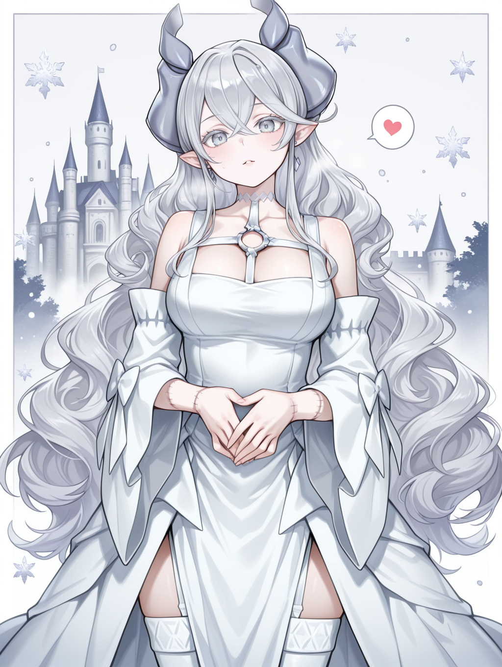 official alternate costume,white detached sleeves,lovely labrynth of the silver castle,1girl,solo,looking at viewer,own hands together,white background,medium breasts,large breasts,open mouth,demon girl,white thighhighs,wavy hair,very long hair,white o-ring dress,stitches,head tilt,spoken heart,white border,castle,crystal snowflakes, 
masterpiece,best quality,amazing quality,very aesthetic,absurdres,newest,<lora:lady labrynth of the silver castle Alt illuXL v1:0.65>,