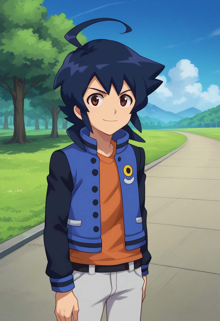 score_9, score_8_up, score_7_up, source_anime, highly detailed,
oozora, 
1boy, male focus, brown eyes, solo, jacket, ahoge, orange shirt, blue hair, open clothes, open jacket, grey pants,  upper body, blue hair, blue jacket, pants, smile,
outdoor, sky, tree,