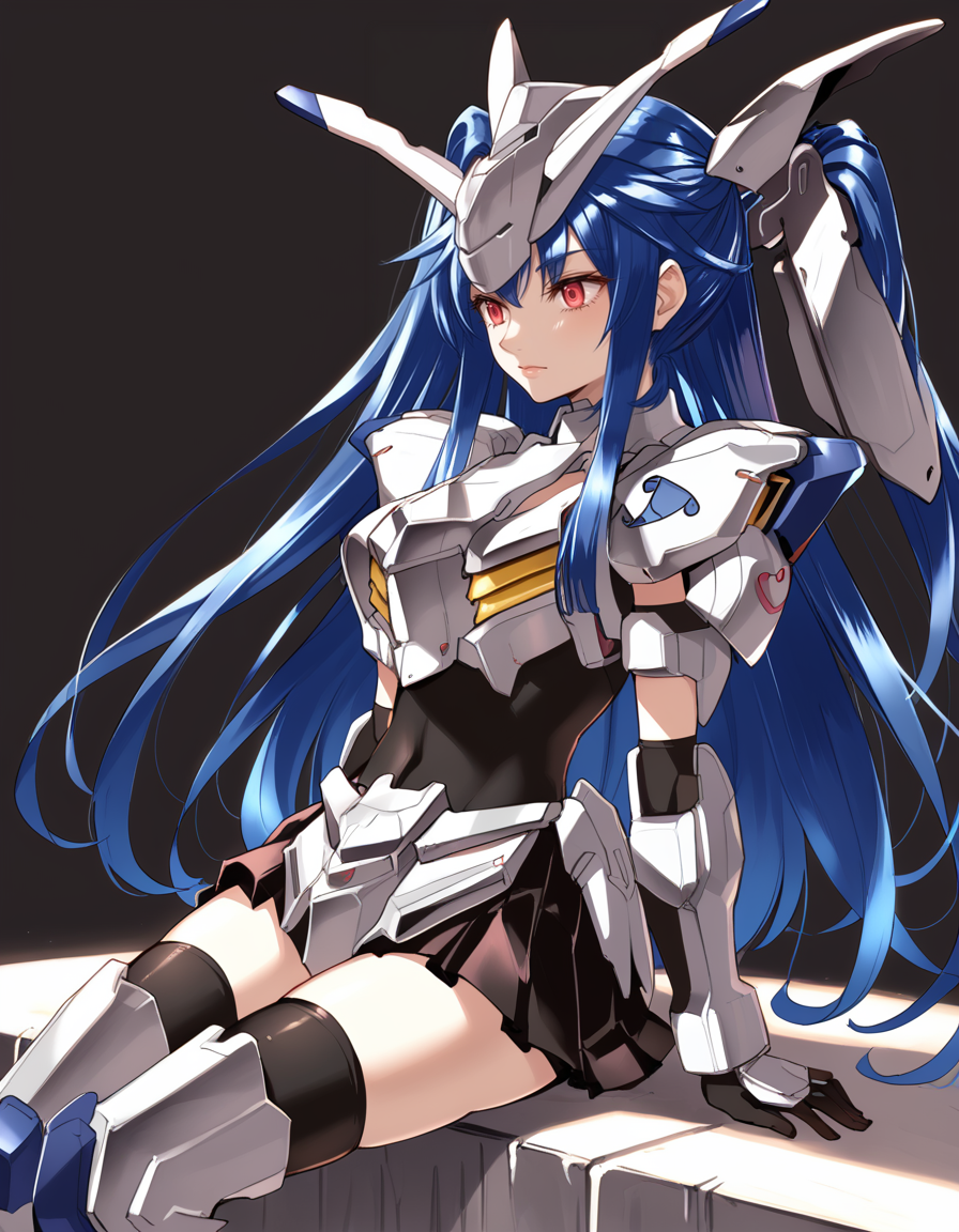 (score_9:0.9),score_8_up,score_7_up,rating_safe,anime_style,(zPDXL3),(zPDXL),
<lora:Gundam Bael ponyXL v1:0.93>,
gundam bael, 1girl, solo, blue hair, mecha musume, red eyes, sitting, very long hair, personification, standing, black thighhighs, armored elbow gloves, armored skirt, armored thigh boots, breastplate, headgear, scabbard, looking to the side, mechaical head wings, two side up