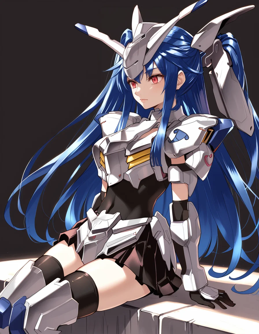 (score_9:0.9),score_8_up,score_7_up,rating_safe,anime_style,(zPDXL3),(zPDXL),
<lora:Gundam Bael ponyXL v1:0.93>,
gundam bael, 1girl, solo, blue hair, mecha musume, red eyes, sitting, very long hair, personification, standing, black thighhighs, armored elbow gloves, armored skirt, armored thigh boots, breastplate, headgear, scabbard, looking to the side, mechaical head wings, two side up