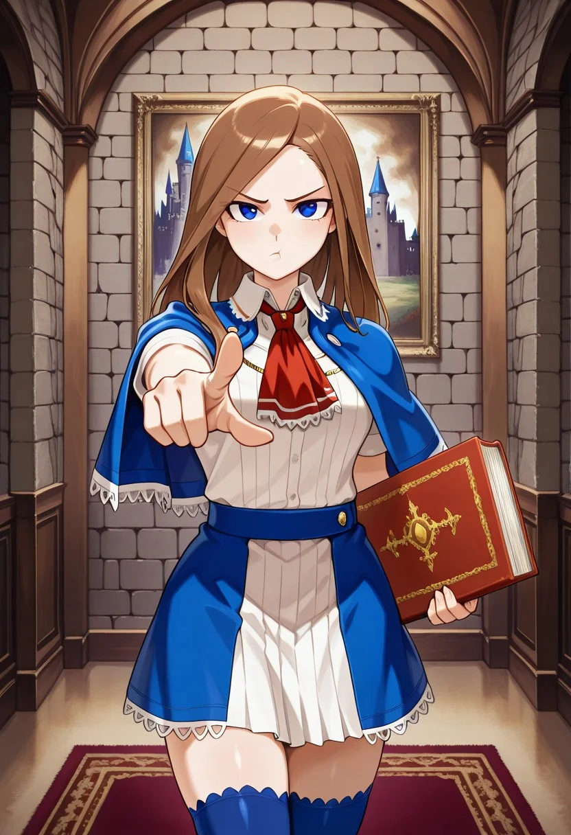 Solo, indoors, Castle, stone walls, Charlotte_Aulin, blue capelet, skirt, blue thighhighs, solo, carpet, regal interior, paintings on wall, holding tome, cowboy shot, pouting, pointing at viewer, pov,