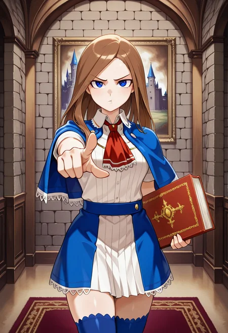 Solo, indoors, Castle, stone walls, Charlotte_Aulin, blue capelet, skirt, blue thighhighs, solo, carpet, regal interior, paintings on wall, holding tome, cowboy shot, pouting, pointing at viewer, pov,