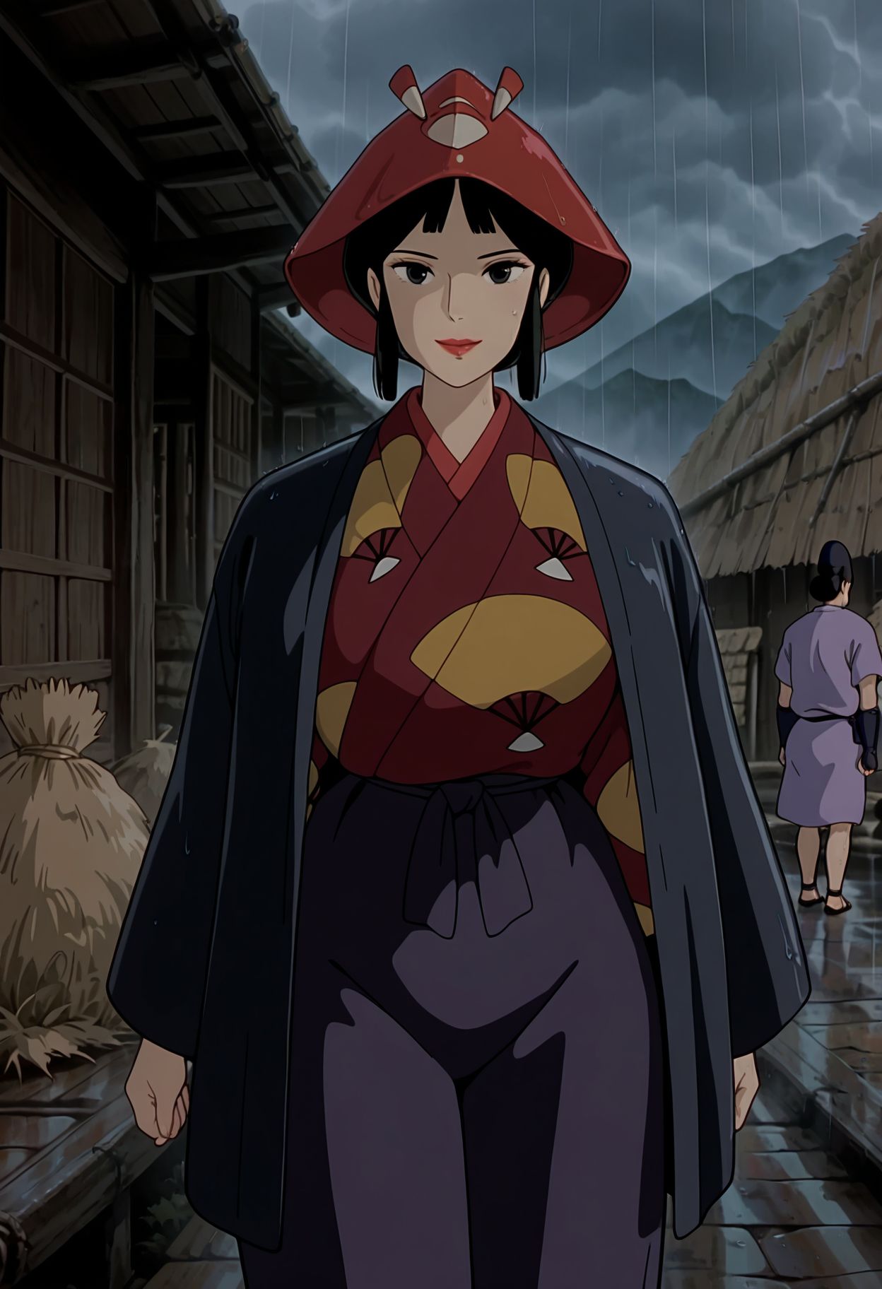masterpiece,best quality,amazing quality,very aesthetic,absurdres,newest, huge filesize,
<lora:spo_sdxl_10ep_4k-data_lora_webui:0.5>,
<lora:add-detail-xl:1>mononoke hime, official art, 
1girl,eboshi,mature female,black hair,black eyes,lipstick,anime coloring,
kimono,cowboy shot, hat,rain,standing,outdoors,looking at viewer, smile
,masterpiece,best quality,amazing quality,<lora:Eboshi_Gozen-Mononoke_Hime_ix:0.8>