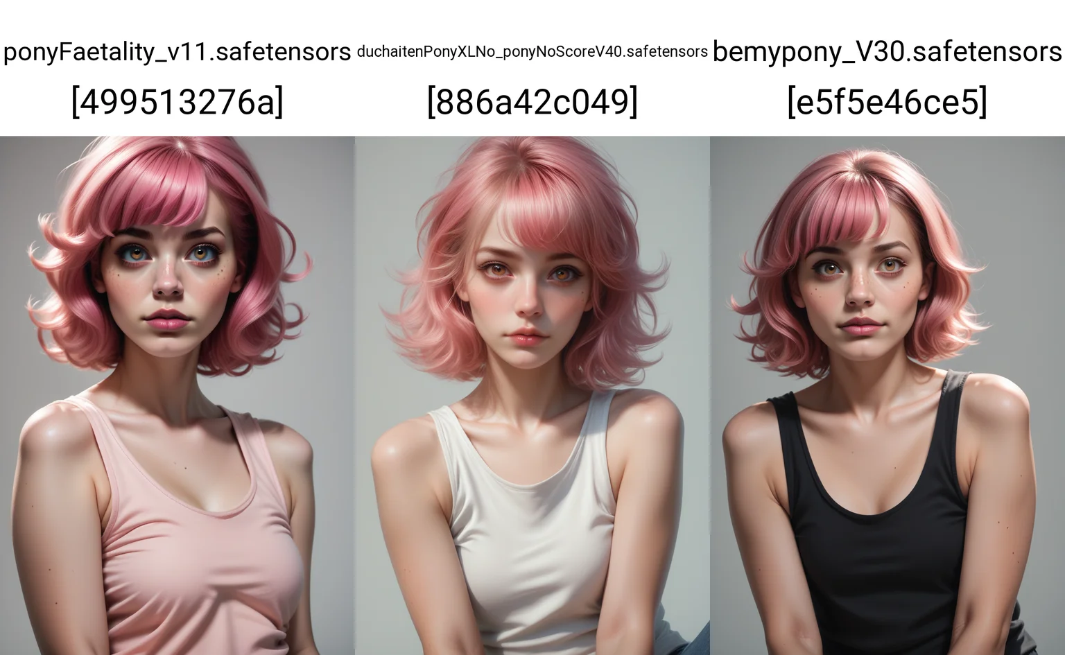 score_9, score_8_up, score_7_up, source_photo, realistic,
1girl, solo, tank top,
<lora:Dark_Rosa_Pony_v0.3:0.5> d4rkr0s4, hazel eyes, pink hair,