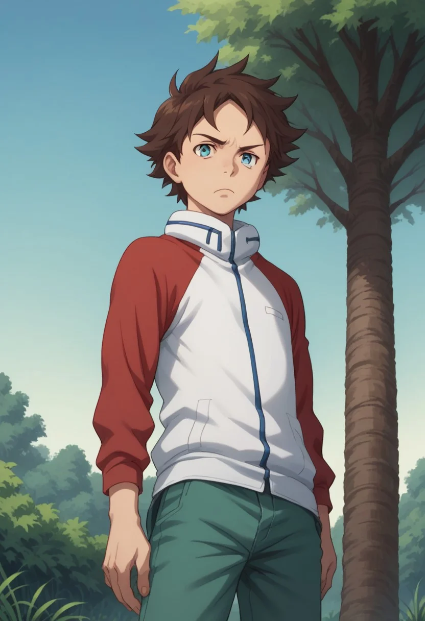 score_9, score_8_up, score_7_up, source_anime, highly detailed,
renton, 1boy, solo, brown hair, male focus, blue eyes, jacket, looking at viewer, pants, green pants, raglan sleeves, frown
outdoor, sky, tree