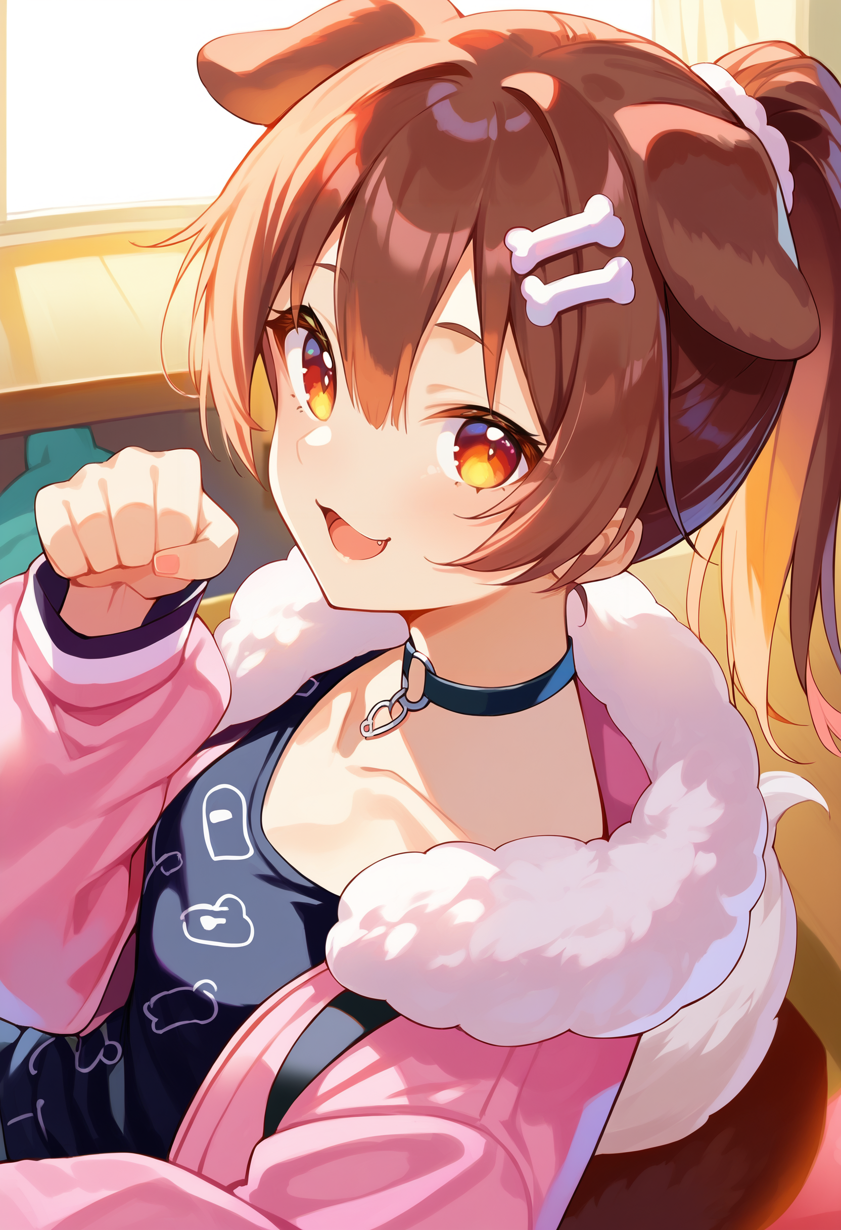 score_9, score_8_up, score_7_up, score_6_up, source anime,
1girl, bone hair ornament, solo, dog girl, dog ears, dog tail, hair between eyes,
inugami korone casual, official alternate costume, pink jacket, black shirt, o-ring choker, long sleeves, fur trim, ponytail,
collarbone, open clothes,
paw pose, open mouth, smile,
upper body, looking at viewer, 
indoors, from above, close-up, from side, sitting,
<lora:inugami_korone_v21:1>