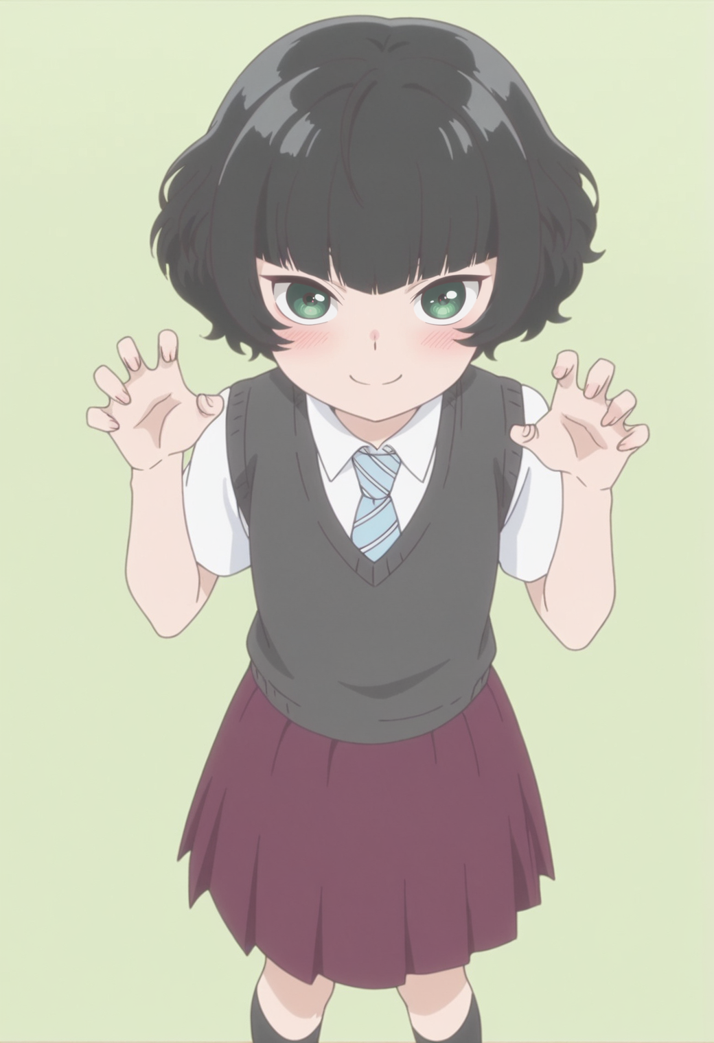 anime screencap, anime coloring,   <lora:DX888Hitoha:1> hongou hitoha, green eyes, black hair,short hair, blunt bangs, BREAK school uniform, white shirt, striped necktie, sweater vest, skirt, socks,  BREAK simple background,  green background, BREAK  1girl, blush, claw pose, cowboy shot, from above, hands up,  looking at viewer,  smile, solo, standing,