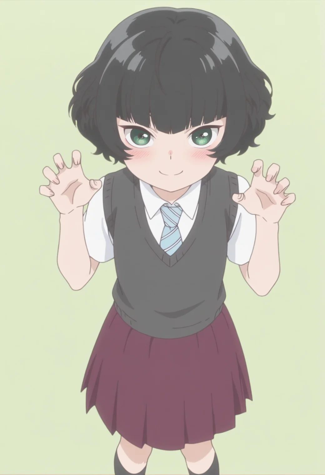 anime screencap, anime coloring, <lora:DX888Hitoha:1> hongou hitoha, green eyes, black hair,short hair, blunt bangs, BREAK school uniform, white shirt, striped necktie, sweater vest, skirt, socks, BREAK simple background, green background, BREAK 1girl, blush, claw pose, cowboy shot, from above, hands up, looking at viewer, smile, solo, standing,
