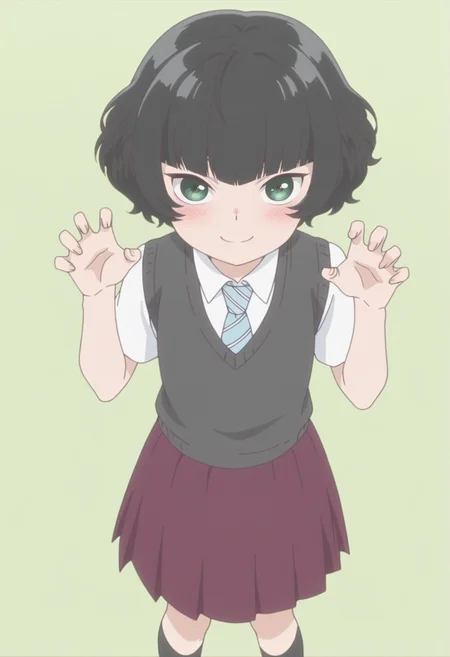anime screencap, anime coloring, <lora:DX888Hitoha:1> hongou hitoha, green eyes, black hair,short hair, blunt bangs, BREAK school uniform, white shirt, striped necktie, sweater vest, skirt, socks, BREAK simple background, green background, BREAK 1girl, blush, claw pose, cowboy shot, from above, hands up, looking at viewer, smile, solo, standing,