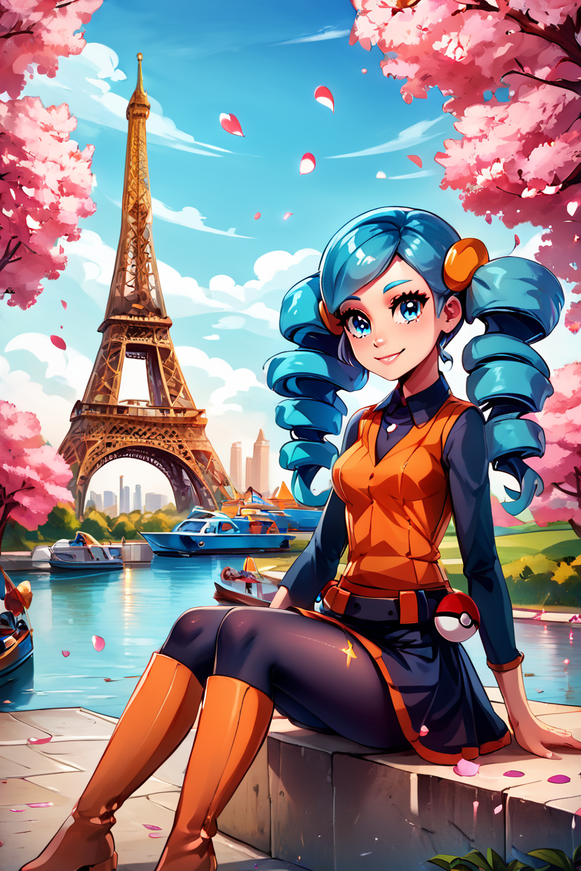 score_9, score_8_up, score_8, medium breasts, (curvy), cute, eyelashes,       ,,, , ,,, zzABW, blue hair, blue eyes, drill hair, orange vest, belt, skirt, black pantyhose, knee boots, scrunchie,  <lora:AceTrainerBW_Pokemon_PDXL:1.0>,  ,,,, BREAK, zzEiffelTower in background, sitting, watercraft, boat, sitting on wall, side view, looking at viewer, smile, ,,, BREAK, blooming stars, luminescent petals, otherworldly fragrance blurry background, ,,, embedding:zPDXL, Expressiveh, ,,, <lora:EiffelTowerPDXL:0.8>, <lora:CatalystStylePDXL:0.6>, <lora:SDXLFaeTastic2400:0.5>, <lora:Expressive_H-000001:0.4>,