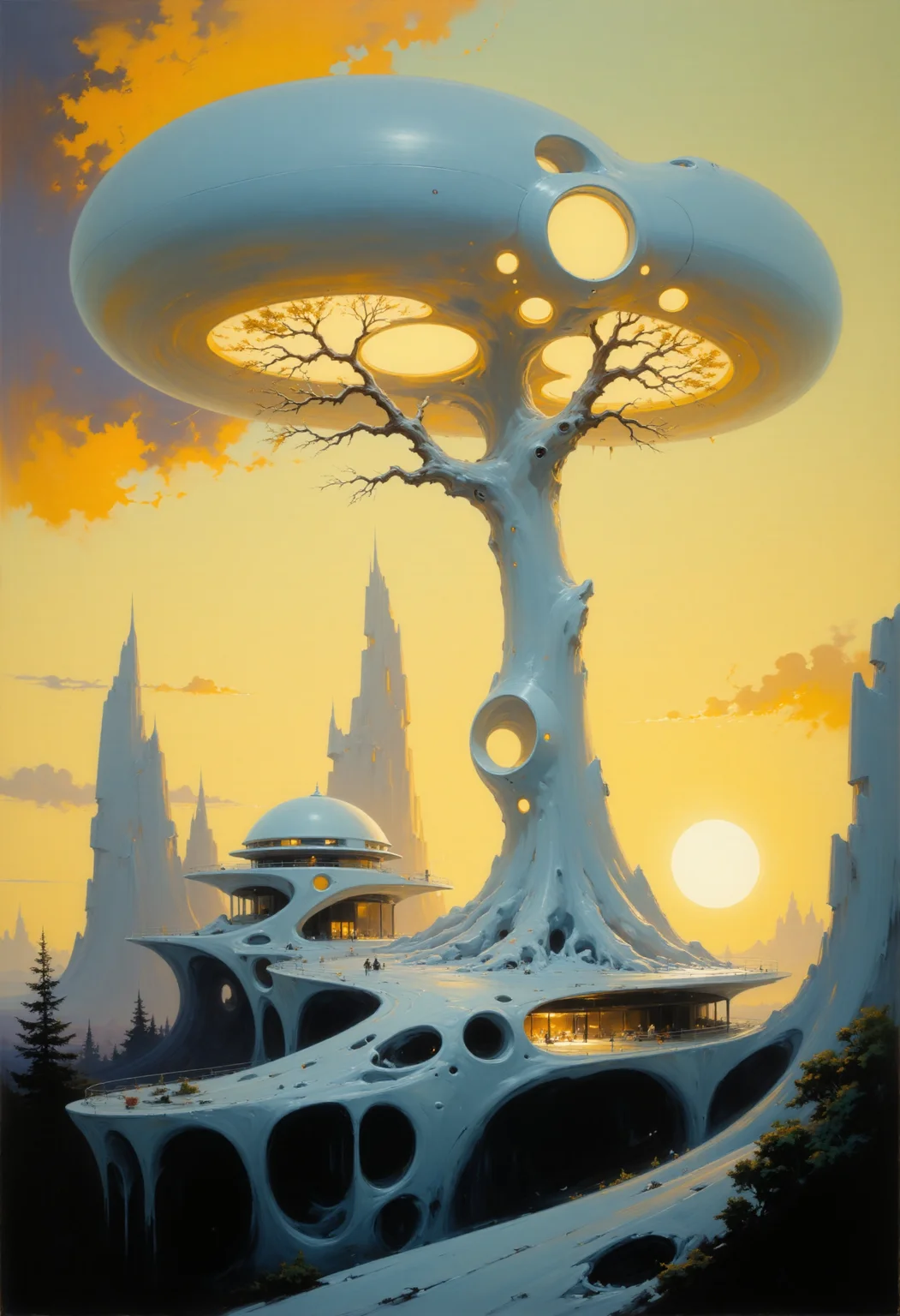 A beautiful expressive painting.
This is a high-quality CGI image featuring a futuristic cityscape with a gigantic, ivory white, organic tree-like structure at its center. The tree has a smooth, organic shape with multiple branches and glowing, circular portals embedded in its trunk. Surrounding the tree is a modern city with sleek, curved buildings and a network of elevated walkways. The sky is filled with dramatic, golden clouds illuminated by the setting sun, casting a warm, ethereal glow over the scene. The camera angle is slightly elevated, providing a comprehensive view of the city's layout and the unique tree structure. The overall aesthetic quality of the image is very high, with meticulous attention to detail and a harmonious blend of natural and futuristic elements.
<lora:articp01_epoch_13:1>
