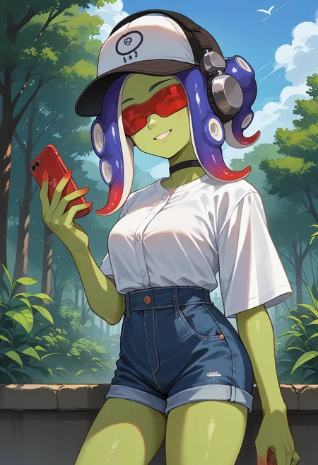 score_9, score_8_up, source_anime, 1girl, solo, Dedf1sh, green skin, tentacle hair, multicolored hair, baseball cap, two-tone headwear, headphones, red-tinted eyewear, white shirt, dress shirt, black choker, holding cellphone, denim shorts, high-waist shorts, outdoors, smile <lora:ChamDedf1shPonyXL:1>