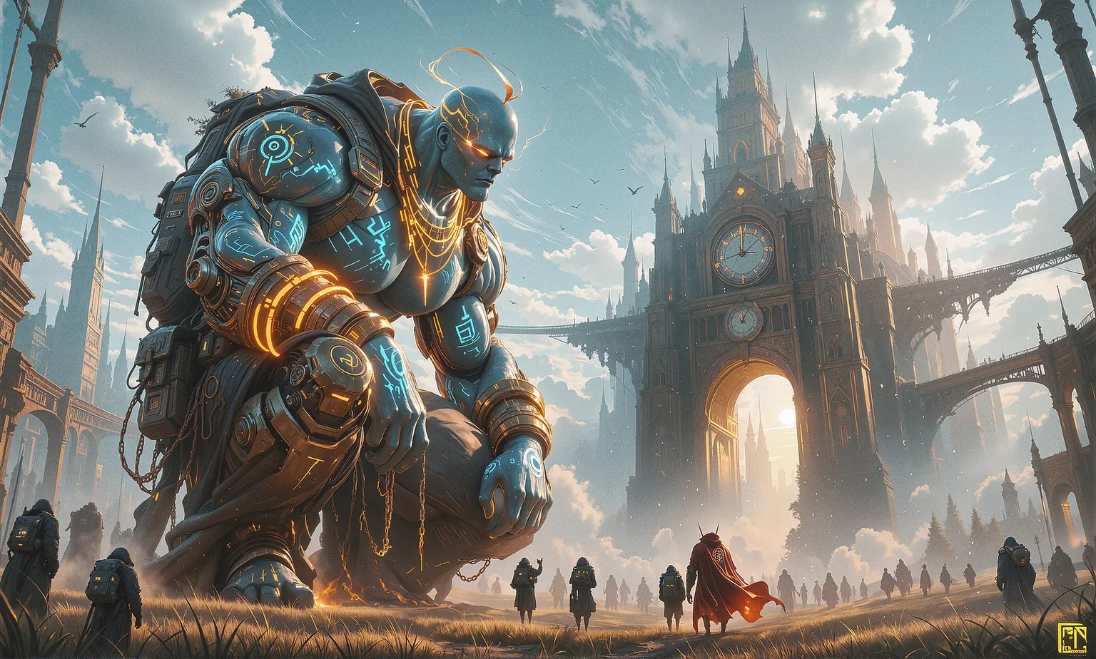1girl, long_hair, open_mouth, multiple_girls, red_eyes, 1boy, hat, jewelry, nipples, standing, yellow_eyes, weapon, male_focus, outdoors, multiple_boys, sky, teeth, solo_focus, day, artist_name, cloud, signature, hood, necklace, bag, cape, armor, bracelet, tree, blue_sky, orange_eyes, tattoo, muscular, glowing, colored_skin, facial_hair, bird, fangs, abs, backpack, cloudy_sky, grass, pectorals, muscular_male, staff, building, scenery, glowing_eyes, beard, armlet, faceless, 6+boys, veins, topless_male, robe, city, fighting_stance, fantasy, anklet, blue_skin, size_difference, silhouette, bald, giant, manly, architecture, loincloth, biceps, castle, statue, crowd, banner, thick_arms, people, A massive stone giant, his rocky skin etched with glowing blue tattoos and heavy iron chains wrapped around his muscular limbs, crouches down on one knee in front of an enormous golden gate. He slowly lowers his craggy face, eyes glowing amber, to examine a group of tiny people standing nervously at his feet. The small people, dressed in colorful cloaks and carrying tiny backpacks, gesture excitedly upward while pointing at papers they hold. Behind the giant rises a magnificent town built on fluffy white clouds, with twisted spires and floating buildings connected by rainbow bridges. Morning sunlight streams through the clouds, casting dramatic shadows across the giant's textured stone face as he tilts his head with curiosity. The camera starts at ground level with the small people, then gradually rises upward to reveal the giant's enormous scale and the breathtaking cloud city floating above. Wind gently blows through the scene, making the giant's chains softly rattle and the clouds around the magical town swirl and shift in the bright blue sky.