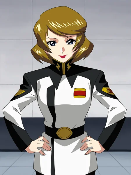 <lora:Talia_Gladys-Gundam_SEED_Destiny:0.8>,Talia,1girl,short hair,brown hair,blue eyes,lipstick,military uniform,hands on own hips,smile,looking at viewer,indoors