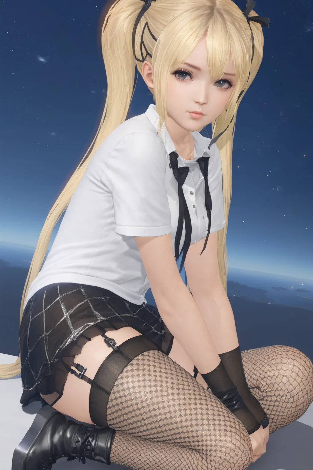 masterpiece, best quality, 1girl, shirt,  blonde hair, star \(sky\), twintails, crossed legs, fishnet thighhighs, boots, sitting on person,  <lora:marie_rose1-000008:0.6>