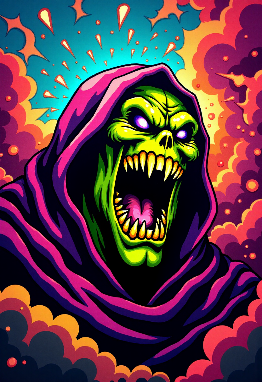 <lora:Graffiti_Characters2_FLUX-000011 (1):0.9>
This is a vibrant, stylized digital drawing set against a dramatic, abstract background, of a  Skeletor yelling in anger