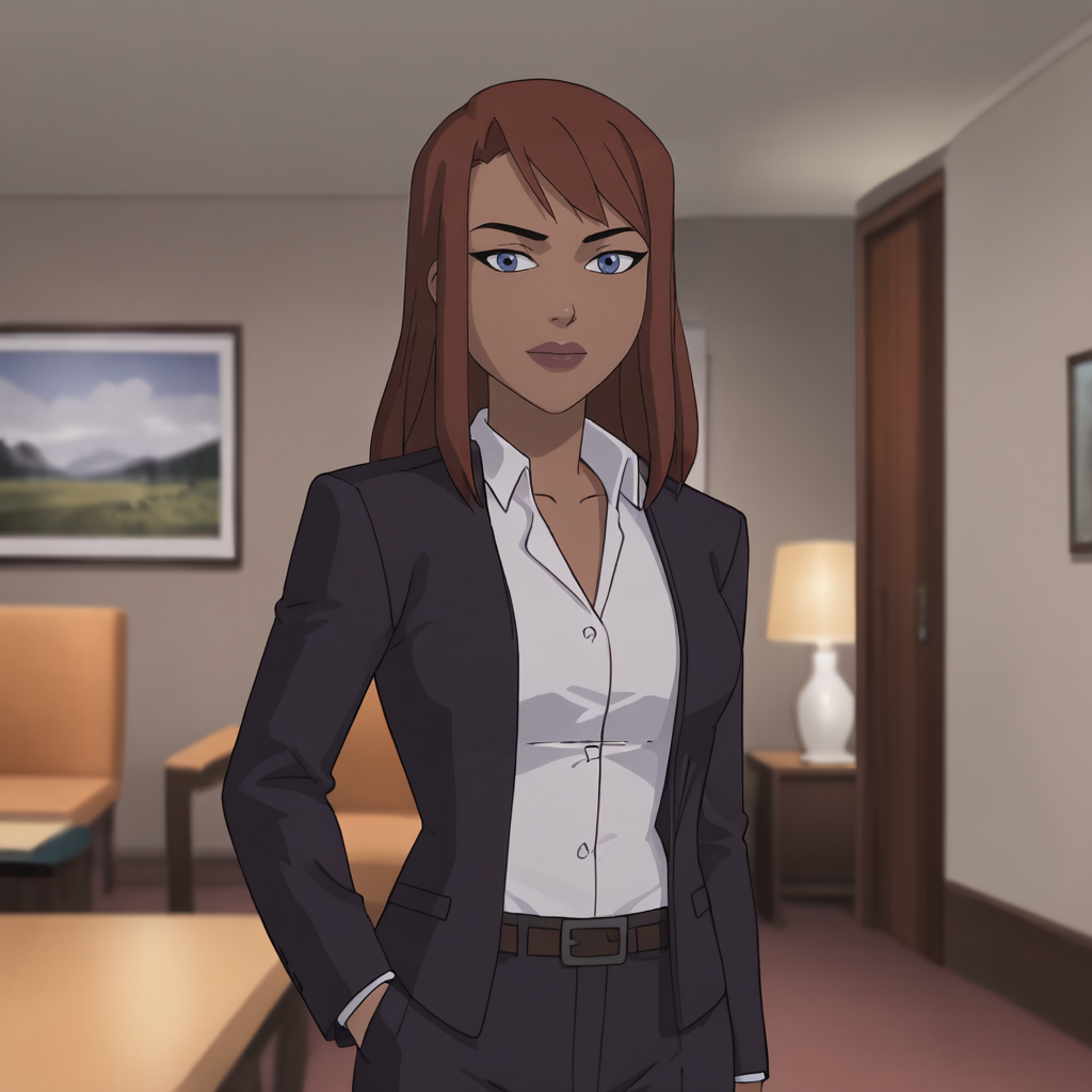 <lora:batgirlkillingjoke_pony_v1:.8>barbarakillingjoke, 1girl, blue eyes, brown hair, long hair, white shirt, dark skin, dark-skinned female, jacket, makeup, suit, formal, cowboy shot
