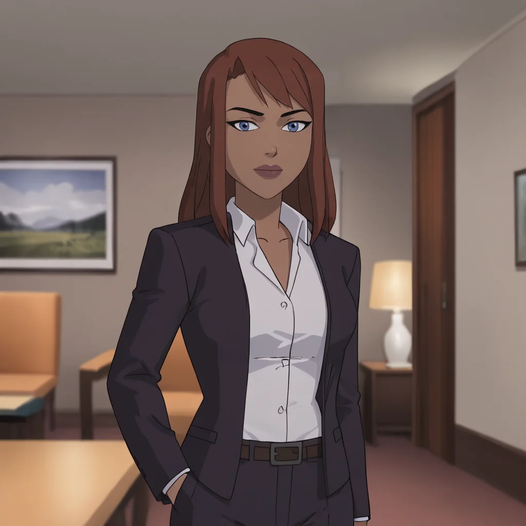 <lora:batgirlkillingjoke_pony_v1:.8>barbarakillingjoke, 1girl, blue eyes, brown hair, long hair, white shirt, dark skin, dark-skinned female, jacket, makeup, suit, formal, cowboy shot