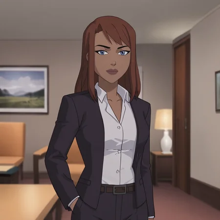 <lora:batgirlkillingjoke_pony_v1:.8>barbarakillingjoke, 1girl, blue eyes, brown hair, long hair, white shirt, dark skin, dark-skinned female, jacket, makeup, suit, formal, cowboy shot