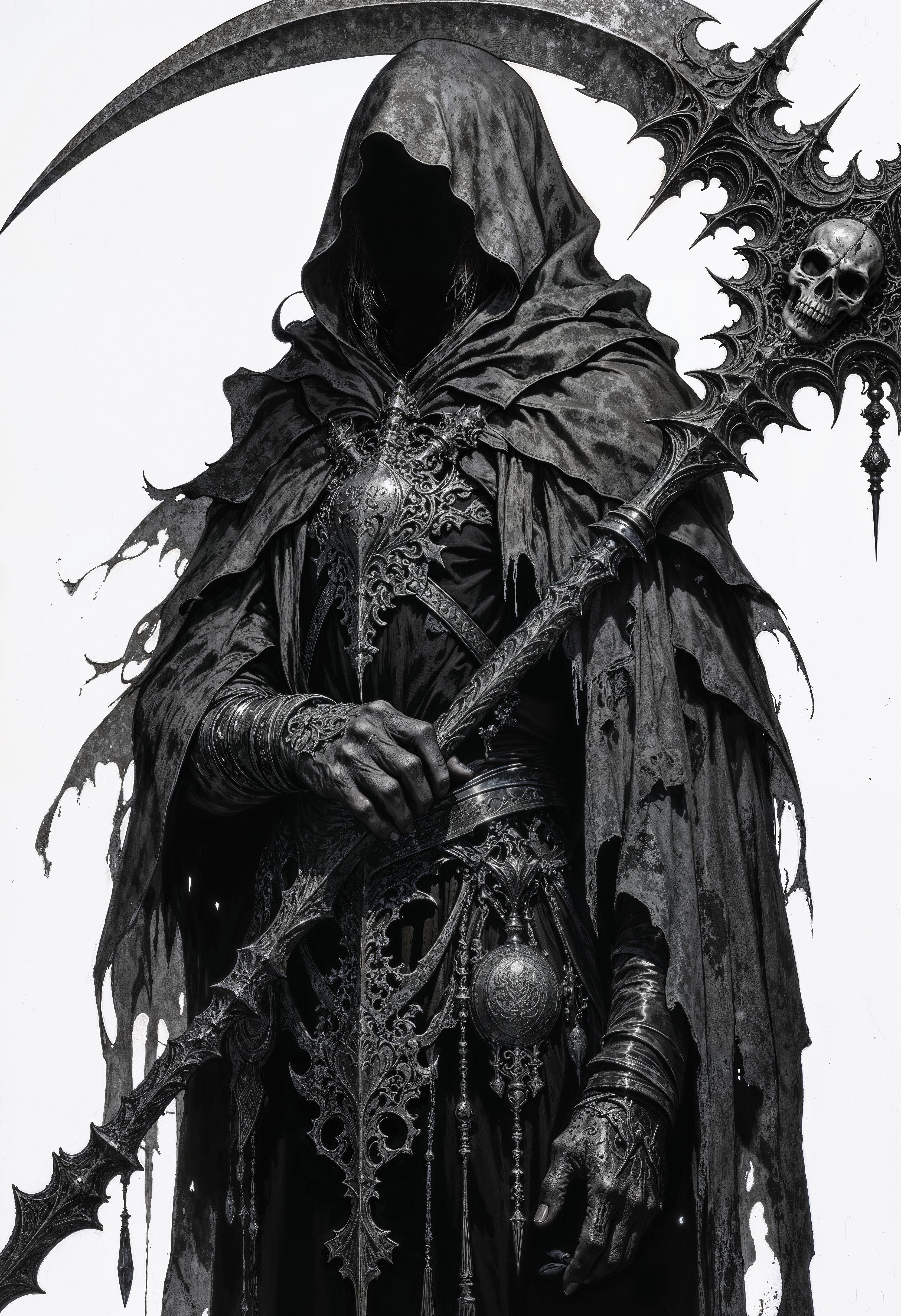 a highly detailed, black-and-white digital drawing depicting a grim reaper-like figure. The figure is shrouded in a tattered, dark cloak that appears to be made of heavy, coarse fabric, adorned with intricate, gothic patterns and a skull emblem on the chest. The cloak's edges are frayed, giving it a weathered, macabre appearance. The figure's head is obscured by a hood, creating an enigmatic and menacing presence. The figure holds a large, ornate scythe with a curved blade, intricately designed with gothic motifs and a skull on the handle. The scythe's blade is long and curved, with a pointed end and a sharp edge. The background is stark white, emphasizing the dark, ominous figure and the detailed textures of the cloak and scythe. The drawing style is realistic with a dark fantasy theme, capturing the essence of gothic and horror aesthetics. The overall mood is somber and foreboding, evoking themes of death and the supernatural.