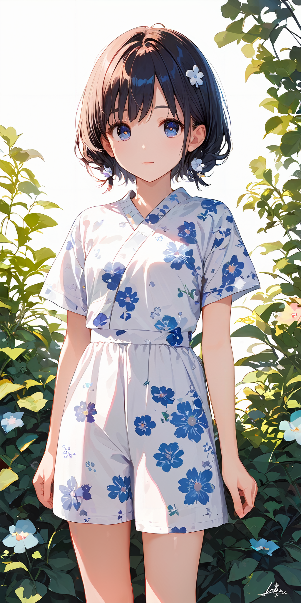 score_9, score_8_up, score_7_up,source_anime, high res image,masterpiece,best quality,girl,cute face,clear skin,shiny hair,ultra detailed eyes,simple background, 
 <lora:jinbei_Pony_V1.0:0.7> jyojifuku, floral print, short sleeves