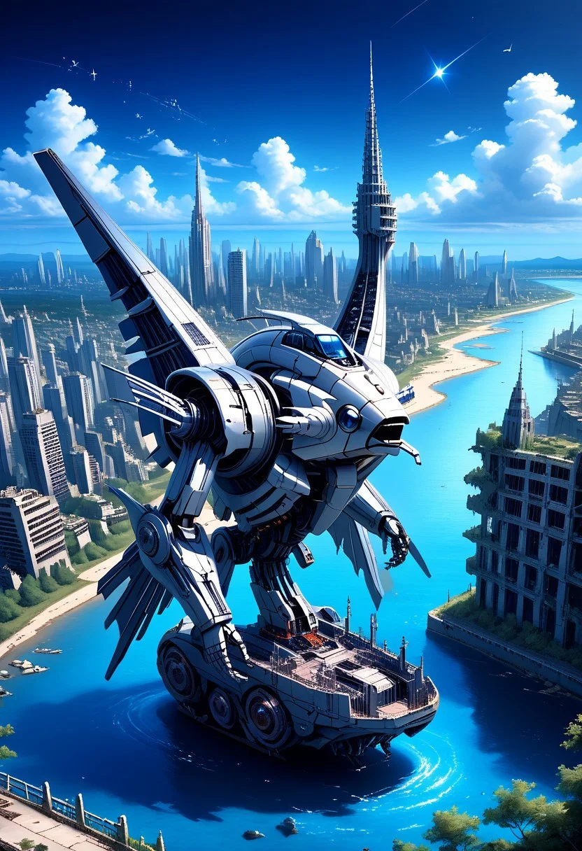 fastenerswm, scenery,building,city,water,cityscape,sky,outdoors,cloud,cloudy sky,bridge,day,ruins,skyscraper,blue sky,ocean,tower,tree,fish, mecha,science fiction,no humans,glowing,retro artstyle,space,star \(sky\),planet,earth \(planet\),space craft,starry sky,weapon,milky way, by advntr,
