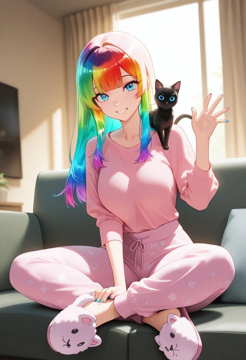 masterpiece, best quality, newest, absurdres, highres, vibrant, highly detailed, very aesthetic, reij-csmcrnbw, rainbow colors, cosmic accent, (on shoulder, black kitten), 1girl, solo, long hair, (rainbow hair), blunt bangs, blue eyes, (rainbow nails:1.2), slender body, medium breasts, E-girl, gamer girl, (pink pajama:1.4), pajama pants, (sitting on couch:1.4), coffee table, cereals bowl, waving happily at viewer, wide smile, (fluffy animal-eared slippers), living room, morning light through windows, volumetric lightning, sunny day