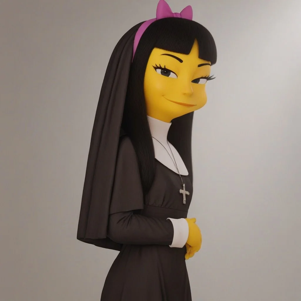 score_8, score_9, break, jessica_lovegood, black hair, long hair, yellow skin, hair bow, nun outfit, looking at viewer, indoors, sunlight, natural lighting, church,
, flat chest, very small breasts, smirk,