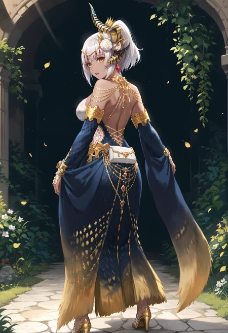 (score_9:0.9),score_8_up,score_7_up,rating_safe,anime style,(zPDXL),<lora:EX Kulve Taroth Beta Armor ponyXL v1.4:0.77>,1girl,solo,dark-skinned female,white hair,ponytail,long hair,single horn hair ornament,looking at viewer,yellow eyes,short hair,open mouth,cleavage,large breasts,medium breasts,ex kulve taroth beta armor,gold high heels,from behind, looking back,