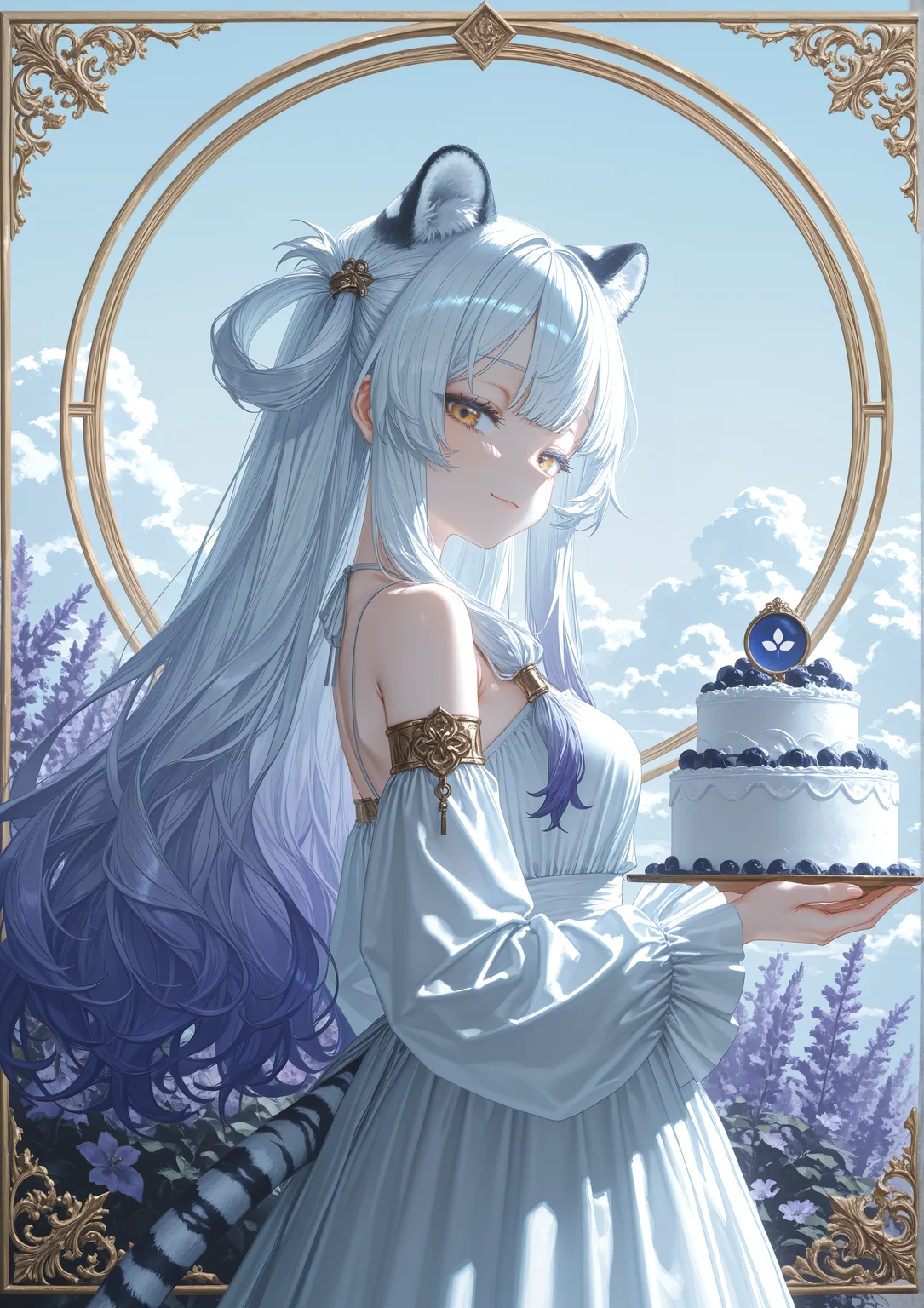 masterpiece, best quality, good quality, [by quasarcake], (rhasta:0.9), [reoen], (hiro \(dismaless\):0.8), [[baffu]], year 2023, circle, cover_art, turquoise, blue, indigo, frilled_sleeves, puffy_sleeves, white (wedding_cake), ^_^, excited, gradient hair, floating drapes, marble \(stone\), above_clouds, purple flowers, hair_tubes, introduction,
1girl, anime character, luxury, anime cgi, (material icon style), tiger ears, gold fringe hair, white hair, tiger_eyes, hair rings, long sleeves, detached sleeves, puffy sleeves, (long hair), hair_up, tsurime, looking_at_viewer, (from side:0.55), looking to the side, looking at viewer, half-closed_eyes, simple_background, solo, gradient background, texture_background, smooth slate stone background, close-up, original, vector trace, ornate_border, official_alternate_hairstyle, cowboy_shot, white-tiger_tail, dutch_angle, stylish angle, style of Bourgeois, angular, an album cover, purism, plant border, gradient background