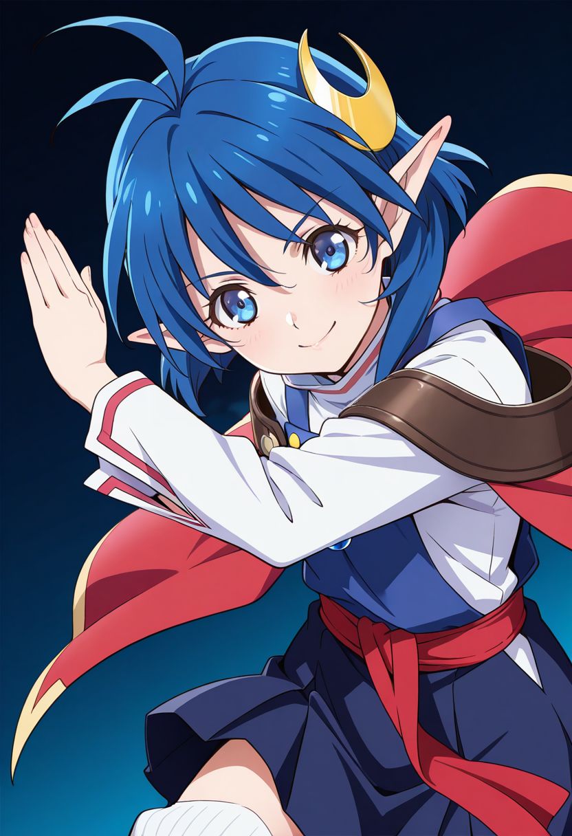 detailed eyes, beautiful, detailed background, perfect eyes,
source_anime, very aesthetic, anime coloring, masterpiece, official art,
<lora:HandFineTuning_XL:1>
BREAK,
simple background,
cowboy shot, confident smile, dynamic angle, clenched fest, knuckle dusters, fighting stance,
BREAK,
<lora:rena_illustrious_v01:0.8>
rena lanford, short hair, blue hair, blue eyes, pointy ears, crescent hair ornament, loose socks, white shirt, skirt, white legwear, cape, red cape, ahoge, long sleeves, turtleneck,