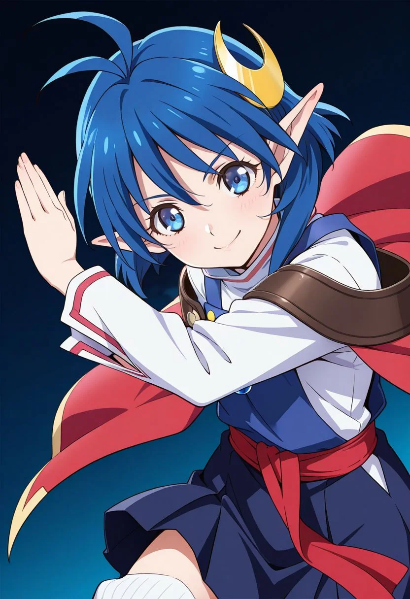 detailed eyes, beautiful, detailed background, perfect eyes,
source_anime, very aesthetic, anime coloring, masterpiece, official art,
<lora:HandFineTuning_XL:1>
BREAK,
simple background,
cowboy shot, confident smile, dynamic angle, clenched fest, knuckle dusters, fighting stance,
BREAK,
<lora:rena_illustrious_v01:0.8>
rena lanford, short hair, blue hair, blue eyes, pointy ears, crescent hair ornament, loose socks, white shirt, skirt, white legwear, cape, red cape, ahoge, long sleeves, turtleneck,