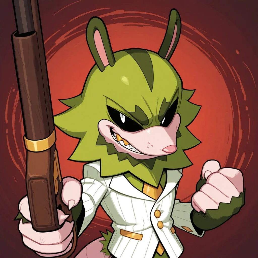 2d, 1boy, solo, Clutch, male, furry, furry male, two tone fur, opposum, black sclera, animal ears, white pupils, green fur, dark green ears, golden earring, sharp teeth, gold tooth, pink nose, thick eyebrows, dark green eyebrows, green spiky beard, pale peach muzzle, pale peach fingers, clawed fingers, furless fingers, pale pink tail, white tuxedo jacket, gold necktie, gold buttons, gold pockets, gold cufflinks, white loafers with gold accents
BREAK looking at viewer, evil grin, upper body focus, abstract background, holding gun
BREAK best quality, amazing quality, very aesthetic, absurdres, newest, masterpiece