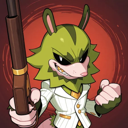 2d, 1boy, solo, Clutch, male, furry, furry male, two tone fur, opposum, black sclera, animal ears, white pupils, green fur, dark green ears, golden earring, sharp teeth, gold tooth, pink nose, thick eyebrows, dark green eyebrows, green spiky beard, pale peach muzzle, pale peach fingers, clawed fingers, furless fingers, pale pink tail, white tuxedo jacket, gold necktie, gold buttons, gold pockets, gold cufflinks, white loafers with gold accents
BREAK looking at viewer, evil grin, upper body focus, abstract background, holding gun
BREAK best quality, amazing quality, very aesthetic, absurdres, newest, masterpiece