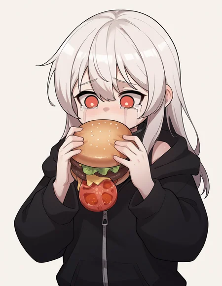 zPDXL2, score_9, score_8_up, score_7_up,
1girl, solo, <lora:LiebePony:1> LiebeHouse, child, white hair, red eyes,long hair, slave metal collar, flat chest
oversized clothes, black hoodie, t-shirt, closed hoodie, zipper, hood down, long sleeves,
burger malfunction, crying <lora:Burger_Malfunction-PonyXL-1024px:0.8>
