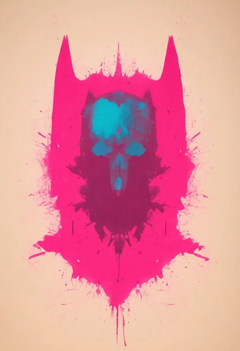 A rorschach-test resembling batman, symmetrical Face, dark pink and Neon-turqoise translucent ink splashes