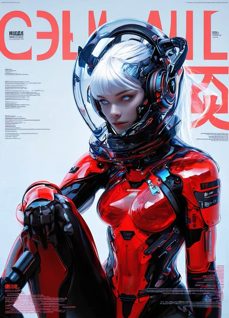 realistic,
masterpiece, best quality, amazing quality, highres, absurdres, very aesthetic, very awa,expert shading, ultra detailed, UHD, 8K,
BREAK,
N3onSp3ctra, 1girl, solo, bright blue eyes, cybernetic eyes, white hair, headphones, ponytail, science fiction, barcode, upper body, looking at viewer, poster transparent, mask helmet, magazine cover, glass helmet, cyber horns ,see-through mask, plastic armor, red white armor accents, low angle, upper body, cowboy shot, sitting on floor, one knee up, graphics, (text:'GRIM':1.1), Japanese kanji graphics, <lora:NeonSpectra:0.8>