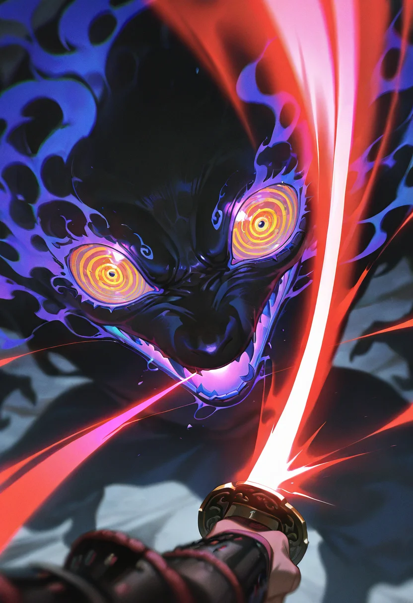 masterpiece, best quality, amazing quality, very aesthetic, absurdres, newest, scenery, pov hands, japanese armor, holding katana, (slashing:1.2), last boss battles, close-up, japanese traditional youkai, huge multiple eyes monolith, despair, hdr, (vivid color light:1.2), (blurry:1.2), luster, silhouette, masterpiece, best quality, amazing quality, very aesthetic, absurdres, newest, scenery,