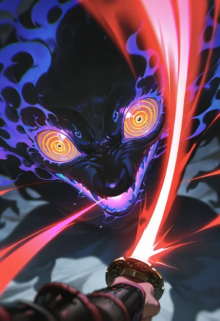 masterpiece, best quality, amazing quality, very aesthetic, absurdres, newest, scenery, pov hands, japanese armor, holding katana, (slashing:1.2), last boss battles, close-up, japanese traditional youkai, huge multiple eyes monolith, despair, hdr, (vivid color light:1.2), (blurry:1.2), luster, silhouette, masterpiece, best quality, amazing quality, very aesthetic, absurdres, newest, scenery,