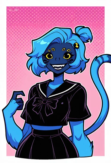 masterpiece, best quality, amazing quality, very aesthetic, absurdres, newest,, detailed background,
spidermonkey, extra eyes, solo, blue skin, extra arms, long blue tail, , pink, teeth, blue hair, , teeth, fangs, four arms, hair pin, short hair, smile,
black skirt, black japanese school uniform, black bow, dark face,
welith, curvy, busty, upper body, halftone effect, white borders, abstract background:1.2,