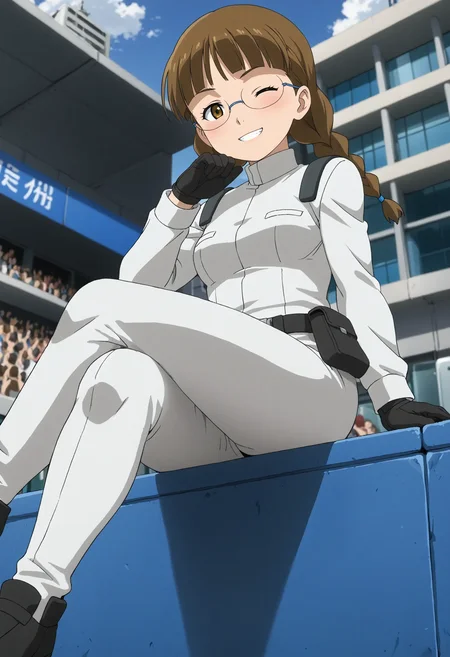 <lora:Hyper-SDXL-8steps-lora:1> <lora:Fixhands_anime_bdsqlsz_V1:1> zPDXL2, score_9, score_8_up, score_7_up, source_anime, intricate details, perfect anatomy BREAK
outdoors, city, tokyo, japan, audience, crowd, sitting, from below, crossed legs ,  looking at viewer, Naughty, A mischievous grin, a wink, and a playful attitude., 1girl, solo, solo focus, 
<lora:GAGE-remi_ruth_XL(pony)v10:1> gage-remi, brown hair, low twin braids, brown eyes, glasses, gage-remi outfit, white dress, black gloves, belt pouch, white pants, black shoes,