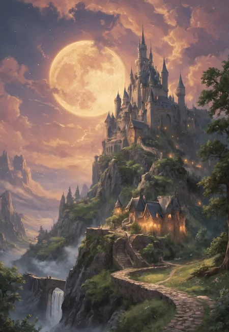 Under the pale glow of the full moon, a magical castle floats serenely among the clouds. This fantastical scene is imbued with a dreamlike quality, the castle's intricate spires and turrets illuminated by the ethereal moonlight. Dark, swirling clouds form a dramatic backdrop, adding a touch of mystery to the scene. The castle itself appears ancient and majestic, with detailed stonework and towering battlements. Soft, glowing orbs of light float around the castle, enhancing the magical atmosphere. The overall mood is one of enchantment and wonder, as if the castle is a hidden sanctuary in the sky. romantic impressionism, dream scenery art, beautiful oil matte painting, romantic, style of Thomas Kinkade, beautiful digital painting, anime landscape, romantic painting, Thomas Kinkade style painting, dreamlike digital painting, colorful painting, beautiful gorgeous digital art, style thomas kinkade, janek sedlar, jenny saville