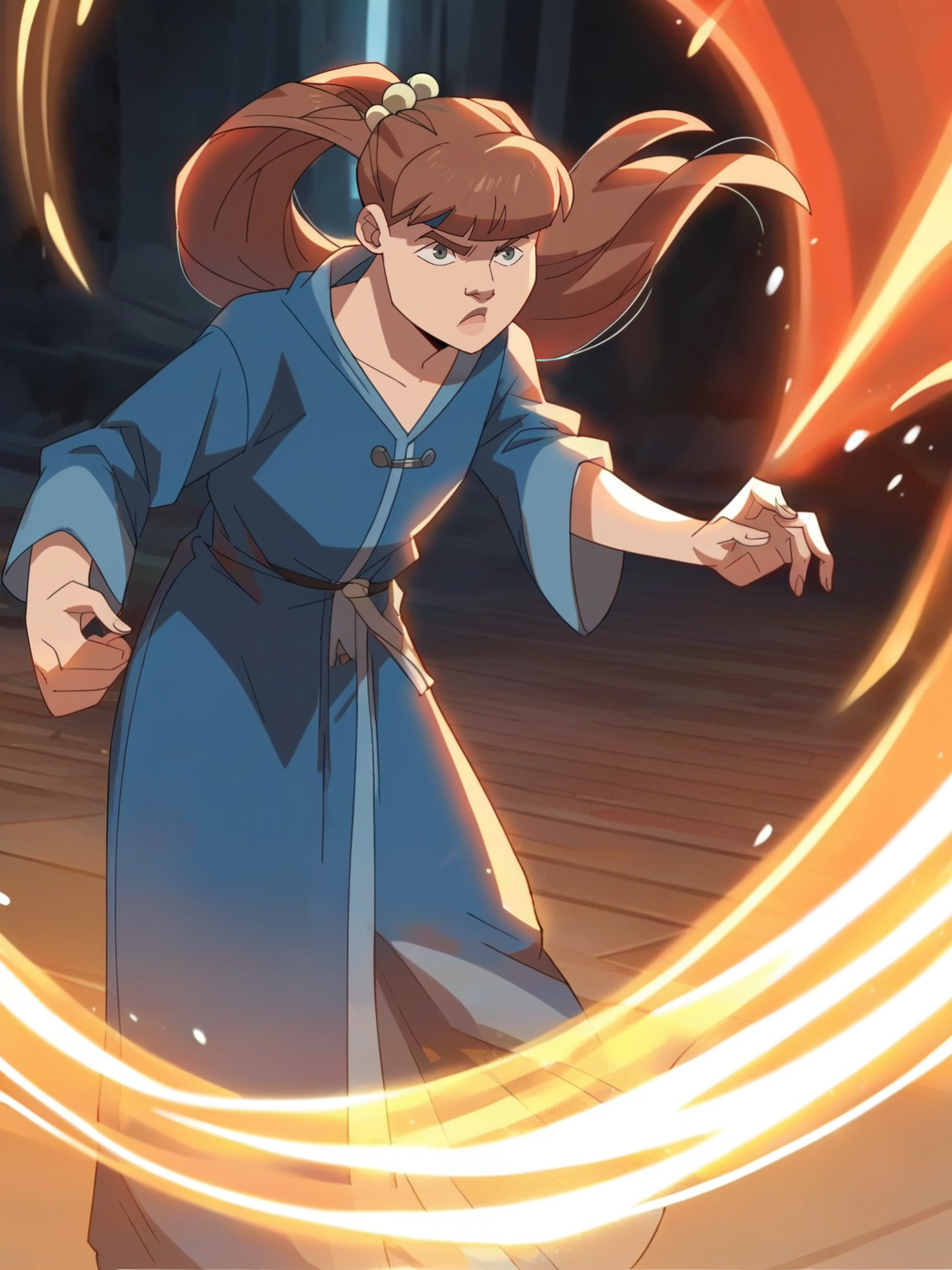 <lora:monster_girlv2:1> m_g, 1girl, brown ponytail hair, bangs, hairpin, small body, skinny body, grey eyes,
mage, magic, epic pose, magic robe, score_9, score_8_up, score_7_up,