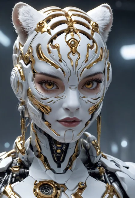 cybernetic style Prepare for a thrilling glimpse into the future as we present the Cybernetic White Tiger Queen and her Mechanized Companion in astonishing photorealistic detail. Captured in ultra-high definition 8K resolution, the regal monarch dons luxurious gold adornments, her expression poised between fierce determination and irresistible charm. Accompanying her is a state-of-the-art robotic tiger, seamlessly combining cutting-edge technology with raw power. Each component appears authentic, right down to the finest wires and artificial muscle fibers. Intricately textured locks tumble into a tousled bun, revealing subtle wisps framing her face. An elaborate, hyperrealistic environment surrounds our subjects, imbuing depth and context to this incredible vision. Expertly lit by dynamic cinematographic techniques, this masterpiece propels us headfirst into a fascinating world where advanced engineering meets unparalleled elegance. Brace yourself for a breathtaking journey beyond the limits of possibility! . futuristic, technological, cybernetic enhancements, robotics, artificial intelligence themes, ca45mv7-100