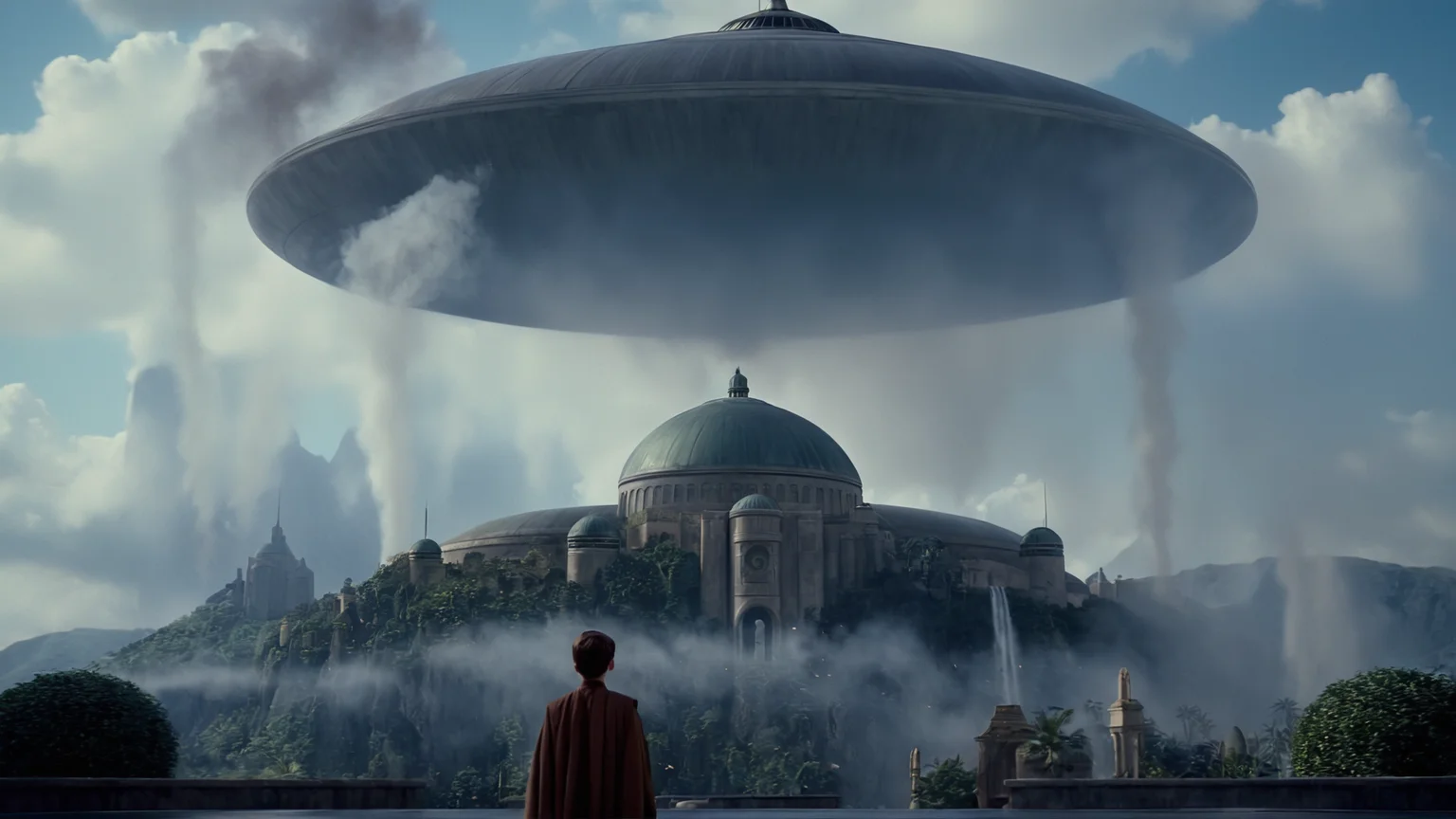 cinematic film still of <lora:star wars style:0.2>
<lora:detailed:0.4> detailed
<lora:perfection style:0.4> perfect
<lora:PerfectEyesXL:0.5>
<lora:Chiaroscuro Lighting Style:0.3>
<lora:Naboo:0.9>
Naboo a large building with a dome on top of it,in star wars style,1boy,outdoors,sky,cloud,tree,bird,building,scenery,smoke,mountain,fantasy,house,cane,fog, shallow depth of field, vignette, highly detailed, high budget, bokeh, cinemascope, moody, epic, gorgeous, film grain, grainy