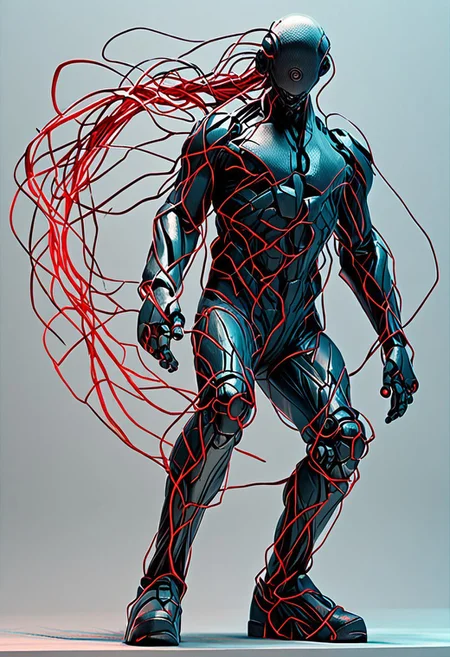 end_tripwire_morph, Cyberpunk of a neon and wire robot koi, neon outlines, wire sculptures, dynamic pose, vibrant neon colors, futuristic underwater environment, sharp wire details, glowing neon accents, robotic features, dynamic and humorous expression, neon, wires, made of wires, cables, outlined with wires and neon, neon outlines, wire sculpture, neon wire sculpture, score_9, score_8_up, score_7_up, score_6_up, score_5_up, score_4_up,